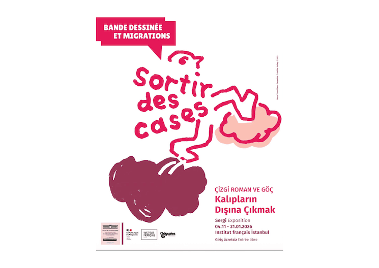 Affiche de l’exposition « Sortir des cases : bande dessinée et migrations » à l’Institut français d’Istanbul (04.11.2025–31.01.2026).