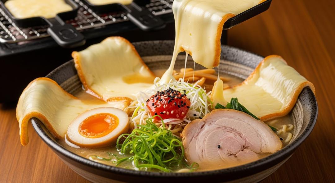 la raclette ramen testée au Japon pour avec du fromage fondu sur une table