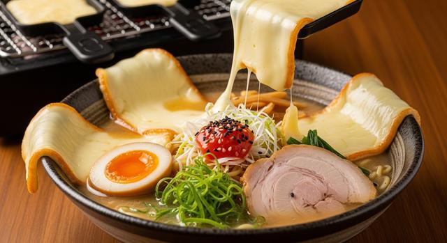 la raclette ramen testée au Japon pour avec du fromage fondu sur une table