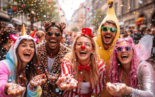 Cinq personnes déguisées jettent des confettis