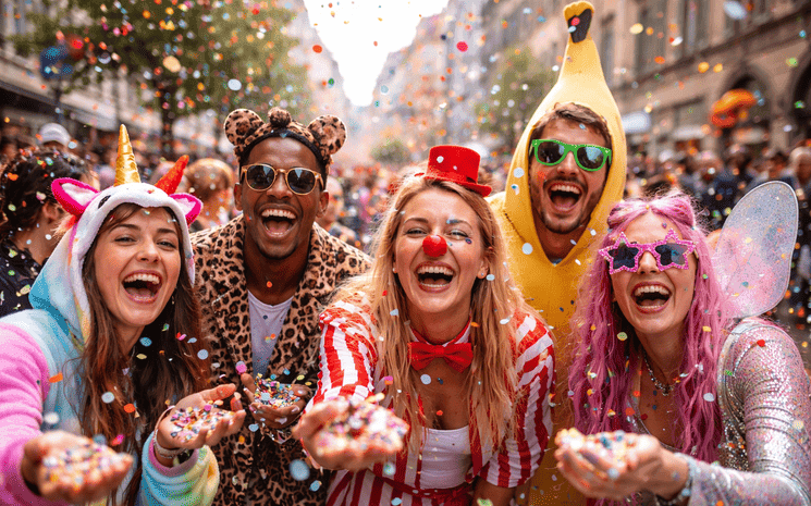 Cinq personnes déguisées jettent des confettis