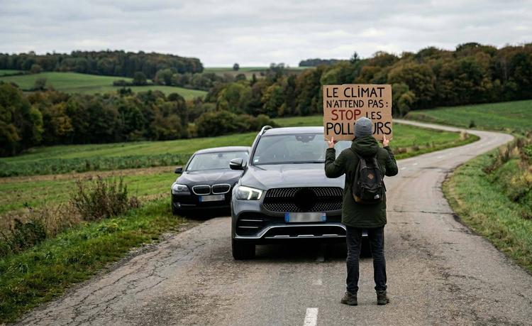 Un activiste faisant face à une Mercedes.