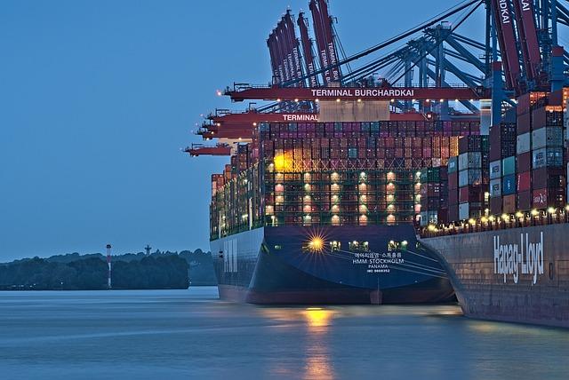 Deux porte-conteneurs en train d'être déchargés à un terminal portuaire
