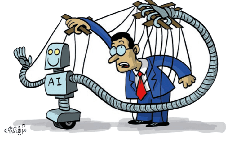 Dessin de presse où un homme tient un robot avec des câbles