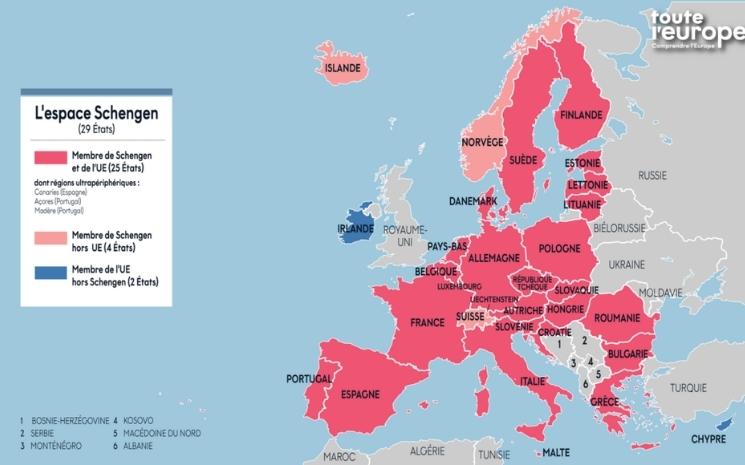 Cartographie des pays de l'espace Schengen 2025